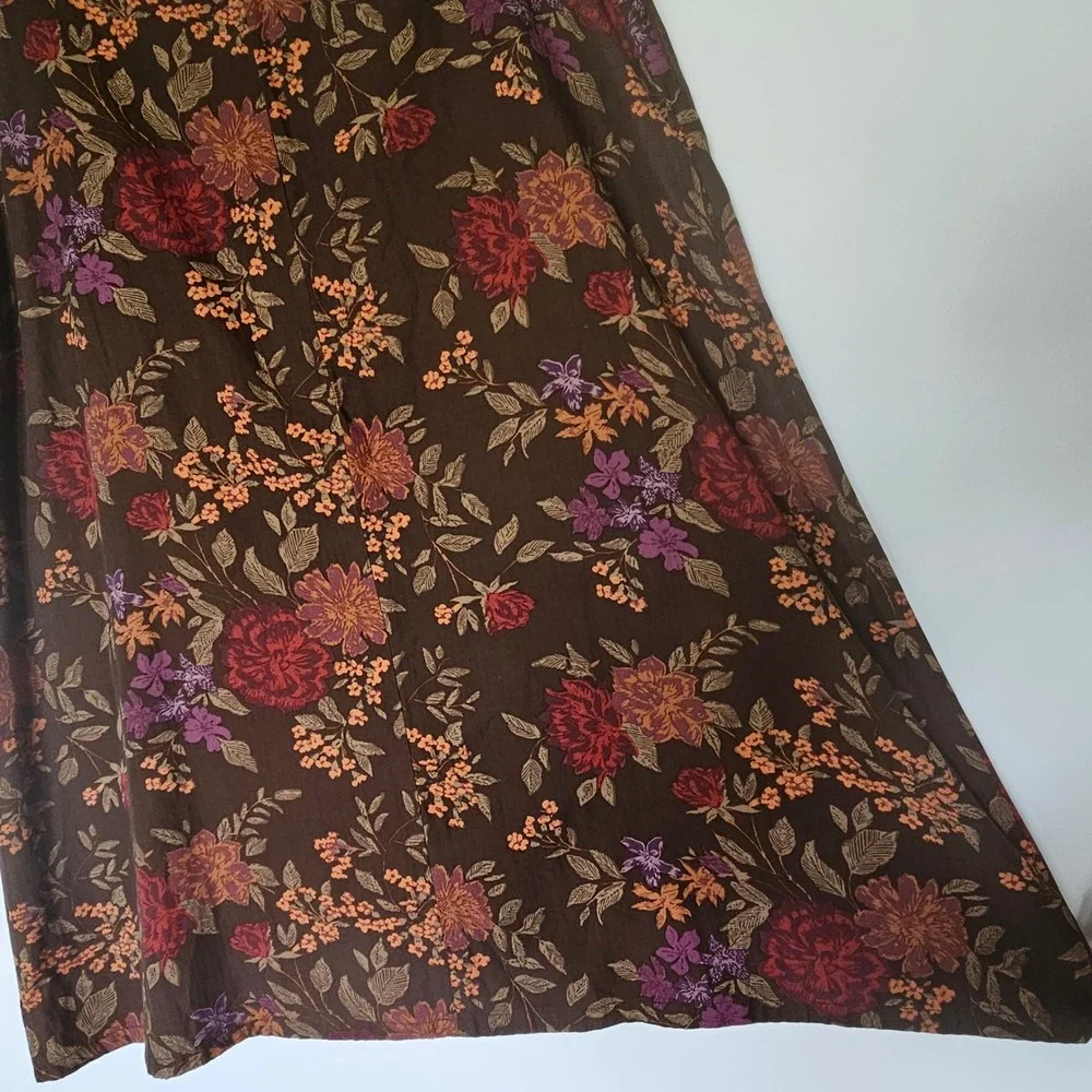 Vtg Eddie Bauer Silk Midi Skirt 16P Brown Dark Floral Earthy Fall Cottage Boho